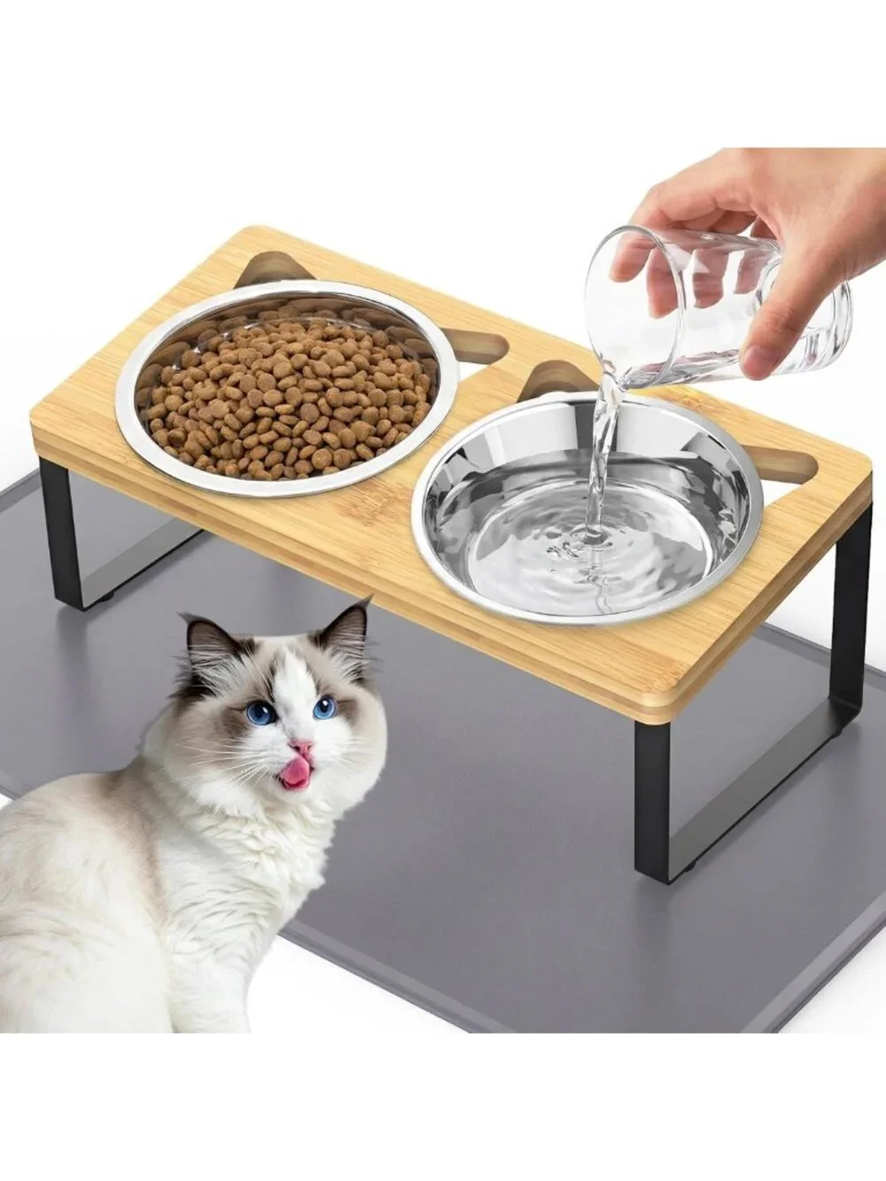 Elevated Stainless Steel Cat Bowls with Mat - Anti-Vomiting, Whisker Fatigue